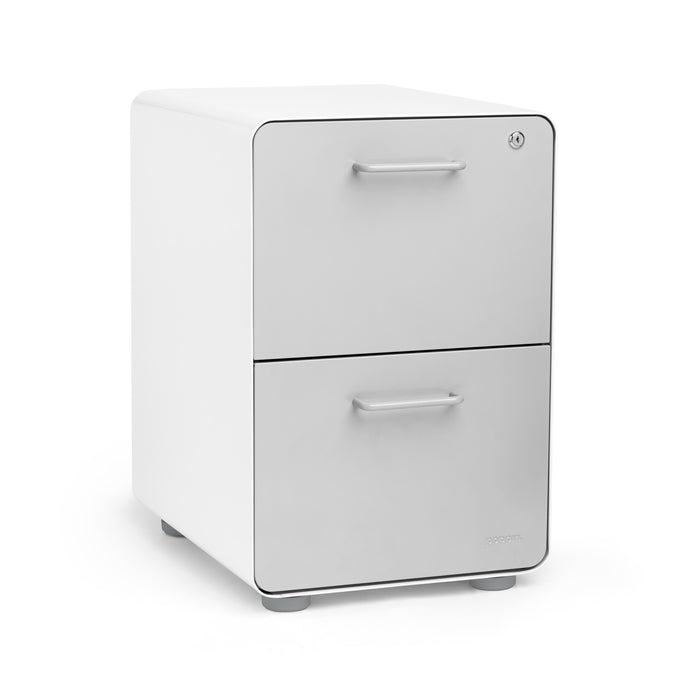 White two-drawer filing cabinet on a white background. (Light Gray-White)
