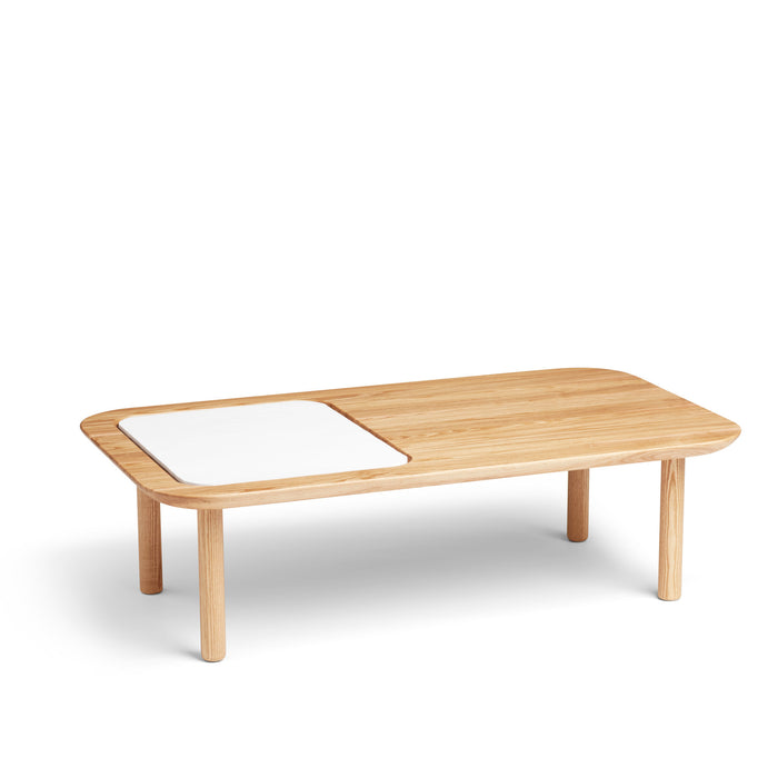 Wooden coffee table with a white panel on a white background. 