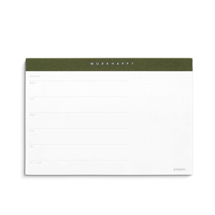 Weekly planner notepad with "WORK HAPPY" slogan on white background. 
