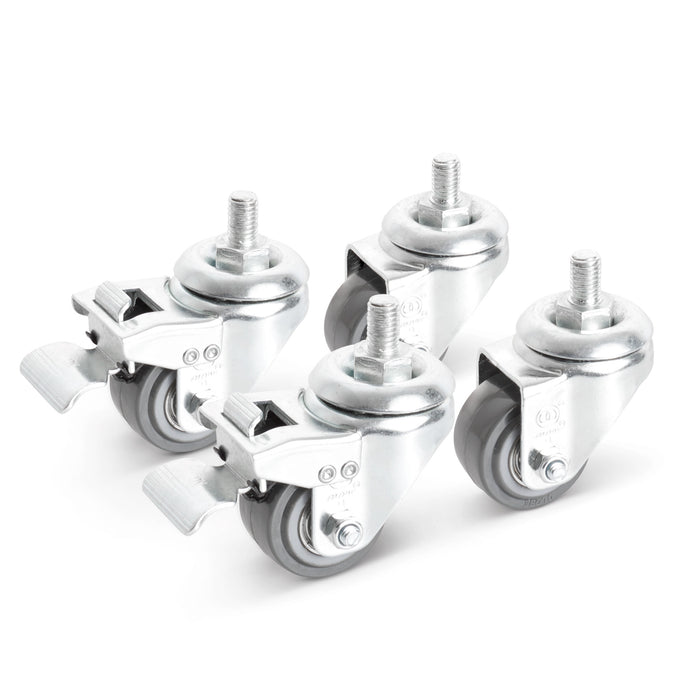 Set of four silver metal caster wheels on white background. 