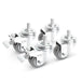 Set of four silver metal caster wheels on white background. 