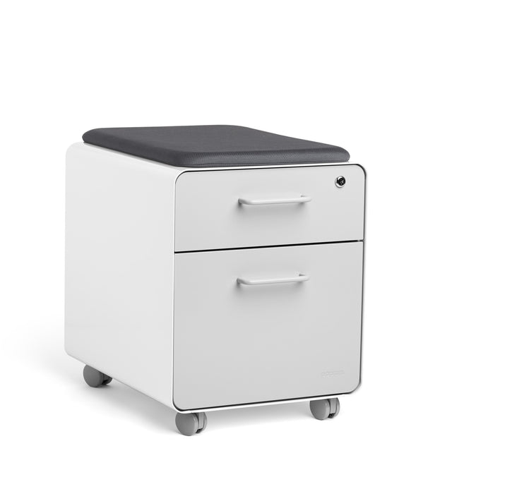 White mobile pedestal with cushioned seat and two drawers on a white background. (Light Gray-White)