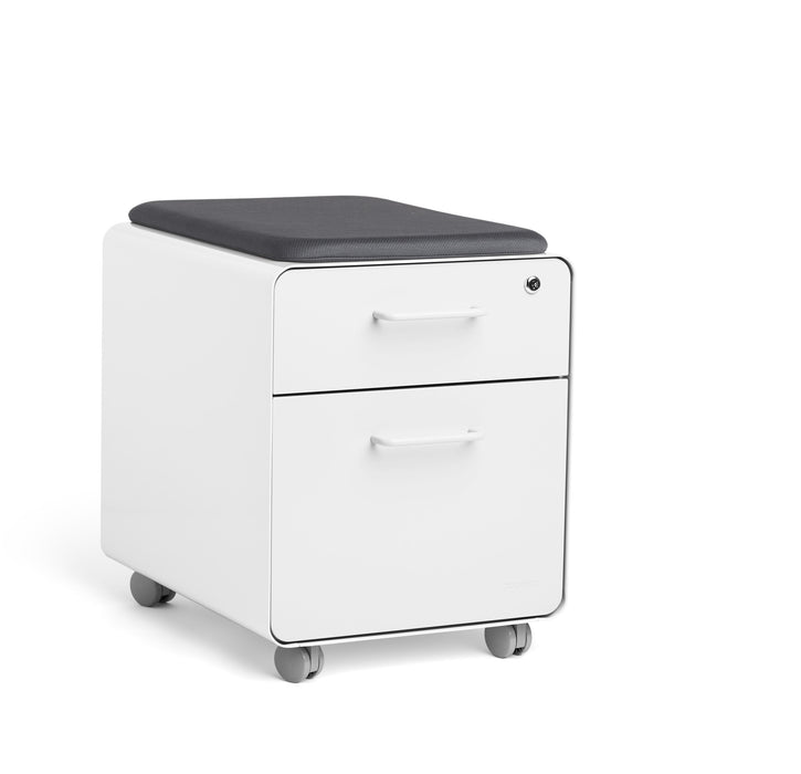 White mobile pedestal filing cabinet with cushioned seat on white background. (White-White)