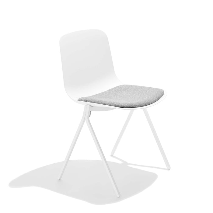 Modern white chair with gray cushion on white background. (White)