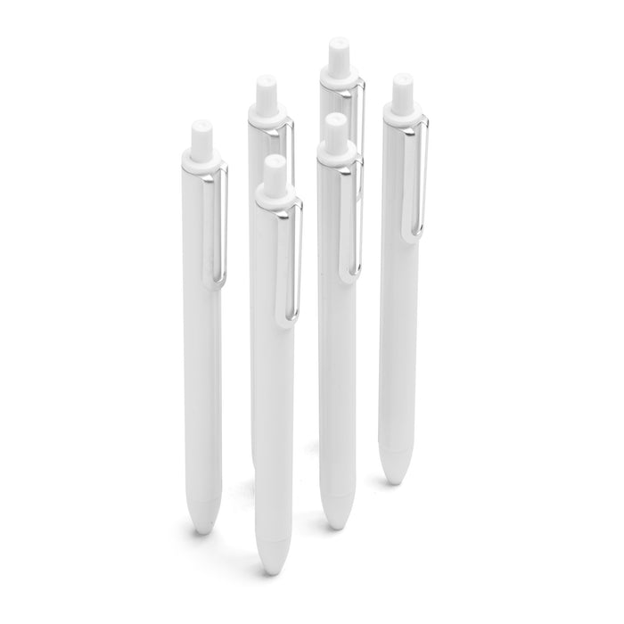 Four white pens standing upright on a white background. (White-Black)