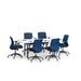Modern blue office chairs around a white conference table on a white background. (White-72&quot; x 30&quot;)