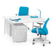 Modern white office desk with blue chair and accessories on a white background. (White-57&quot;)