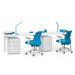 Modern office workspace with blue chairs and white desks with desk lamps and filing cabinets. (White-57&quot;)