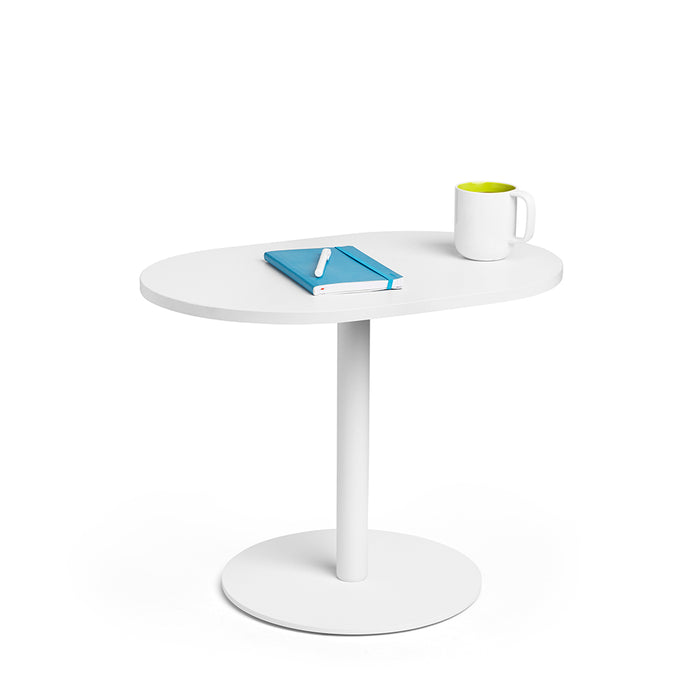 Modern white round side table with a book and a mug on top against a white (19&quot;)