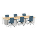 Modern office conference table with blue chairs and white storage cabinets on wheels. (Natural Oak-47&quot;)