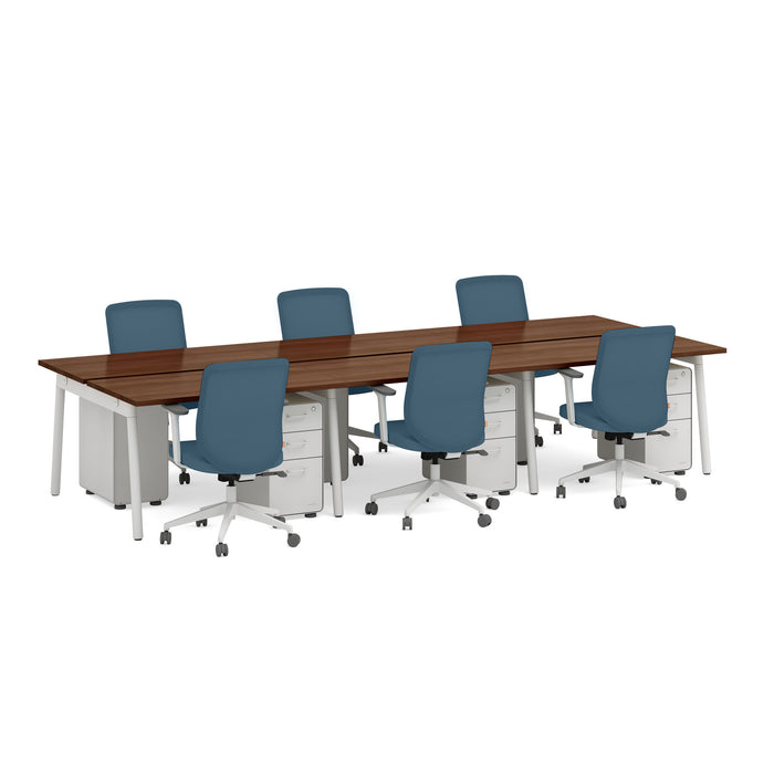 Modern office conference table with blue chairs on white background. (Walnut-47&quot;)