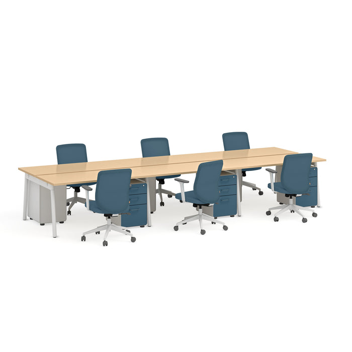 Modern conference table with blue office chairs on white background. (Natural Oak-57&quot;)
