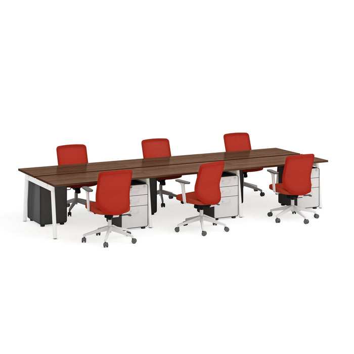 Modern office conference table with red chairs on white background. (Walnut-57&quot;)