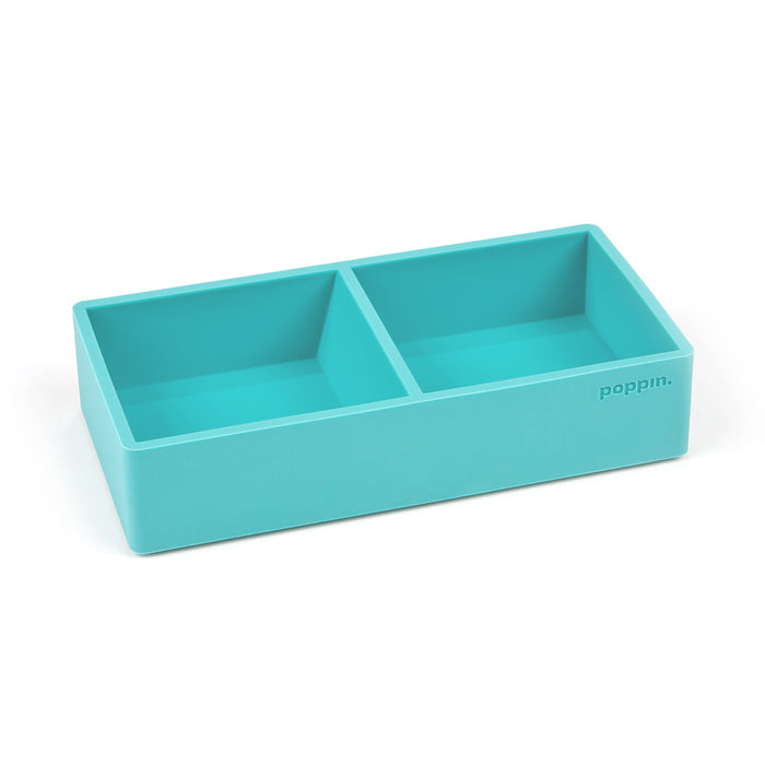 Turquoise Poppin desk organizer with two compartments on white background. (Aqua)