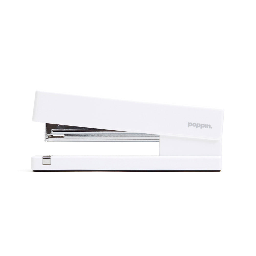 White modern Poppin brand desktop stapler isolated on white background. (White)
