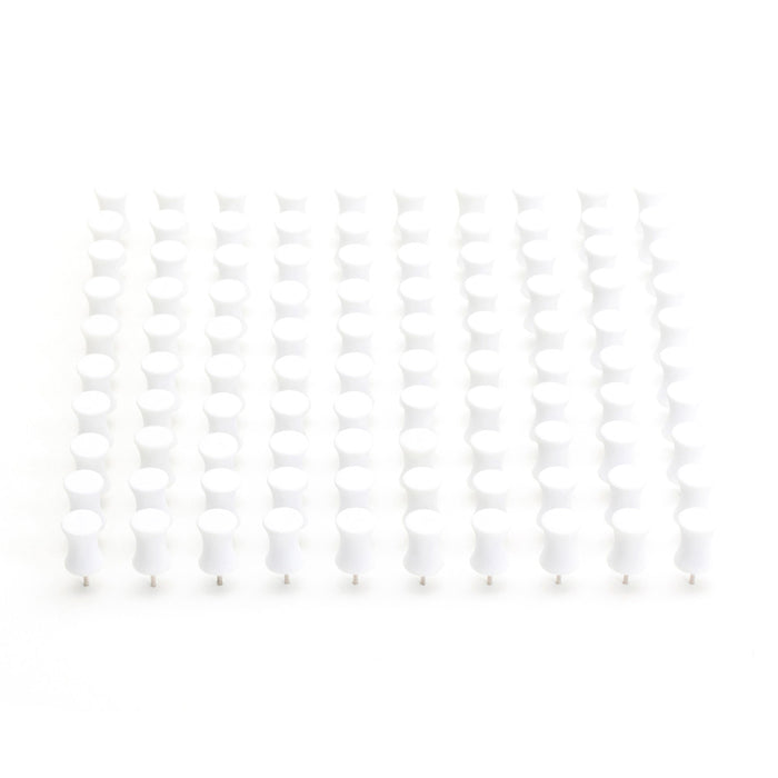 "Rows of white plastic disposable cups arranged on a white background." (White)