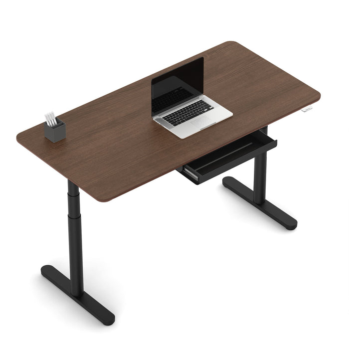 Modern adjustable standing desk with laptop and notepad on white background. (Black)