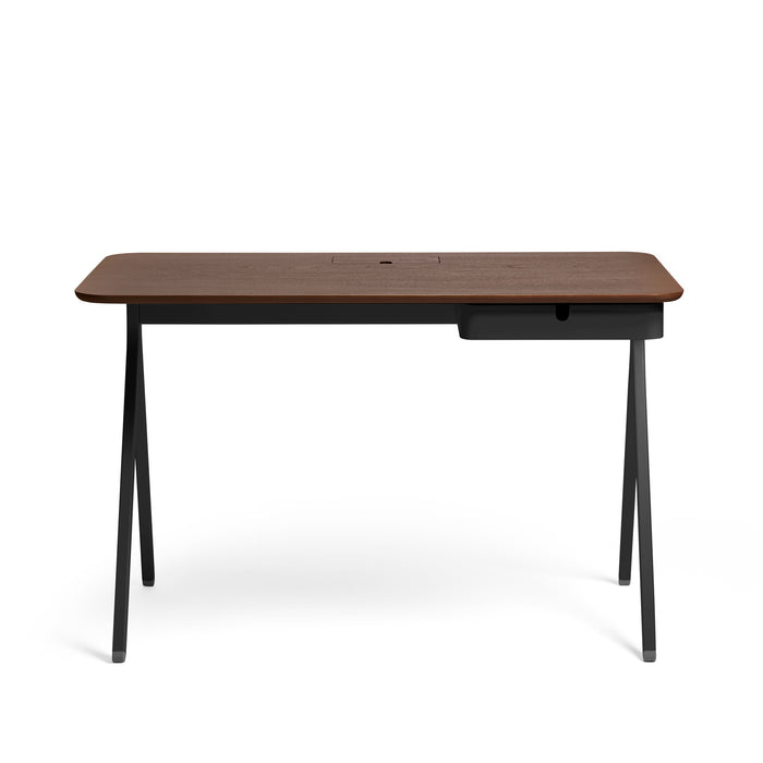 Modern wooden desk with black metal legs on a white background. (Walnut)
