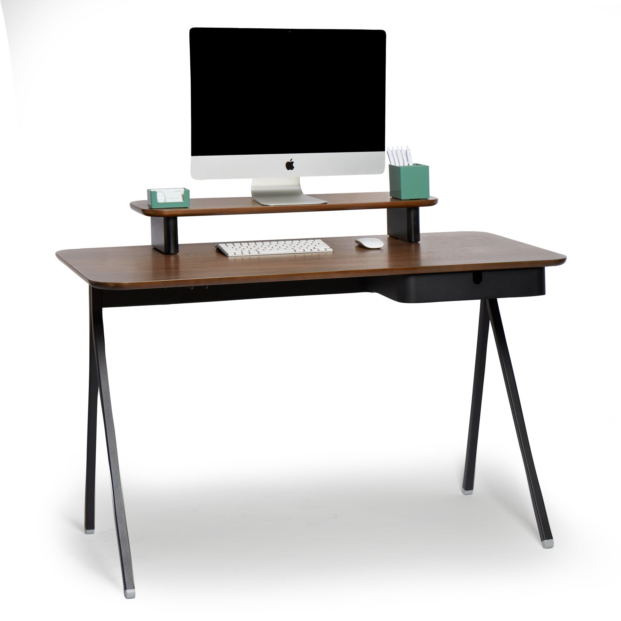 Modern minimalist home office desk with computer and accessories on white background. (Walnut)