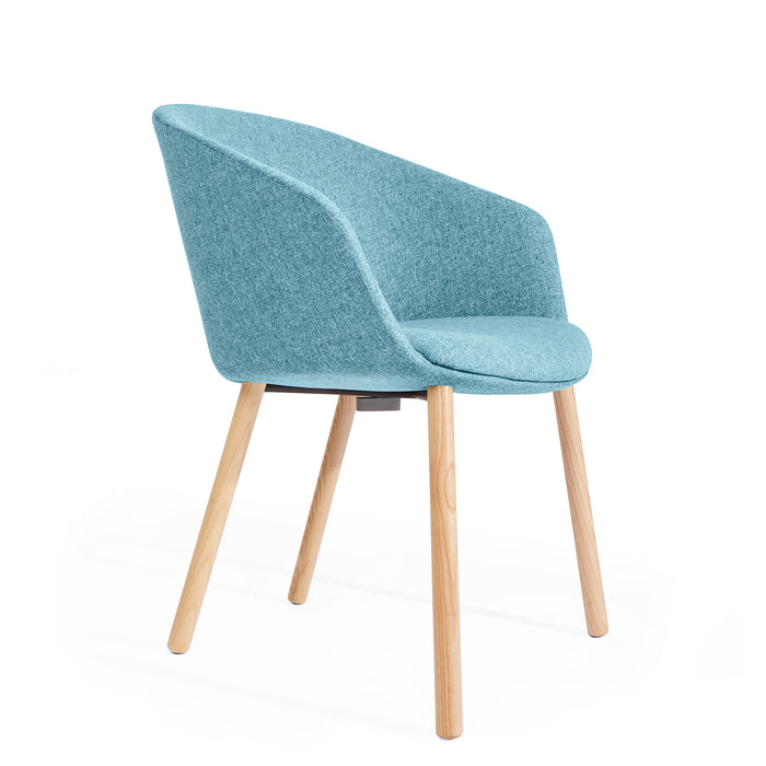 Modern blue fabric dining chair with wooden legs on a white background. (Blue)