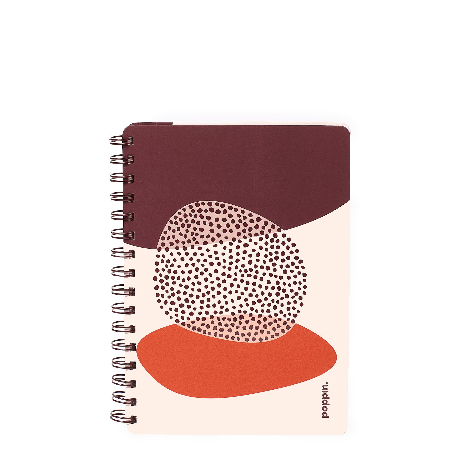 Modern spiral notebook with abstract cover design on white background. (Blush)