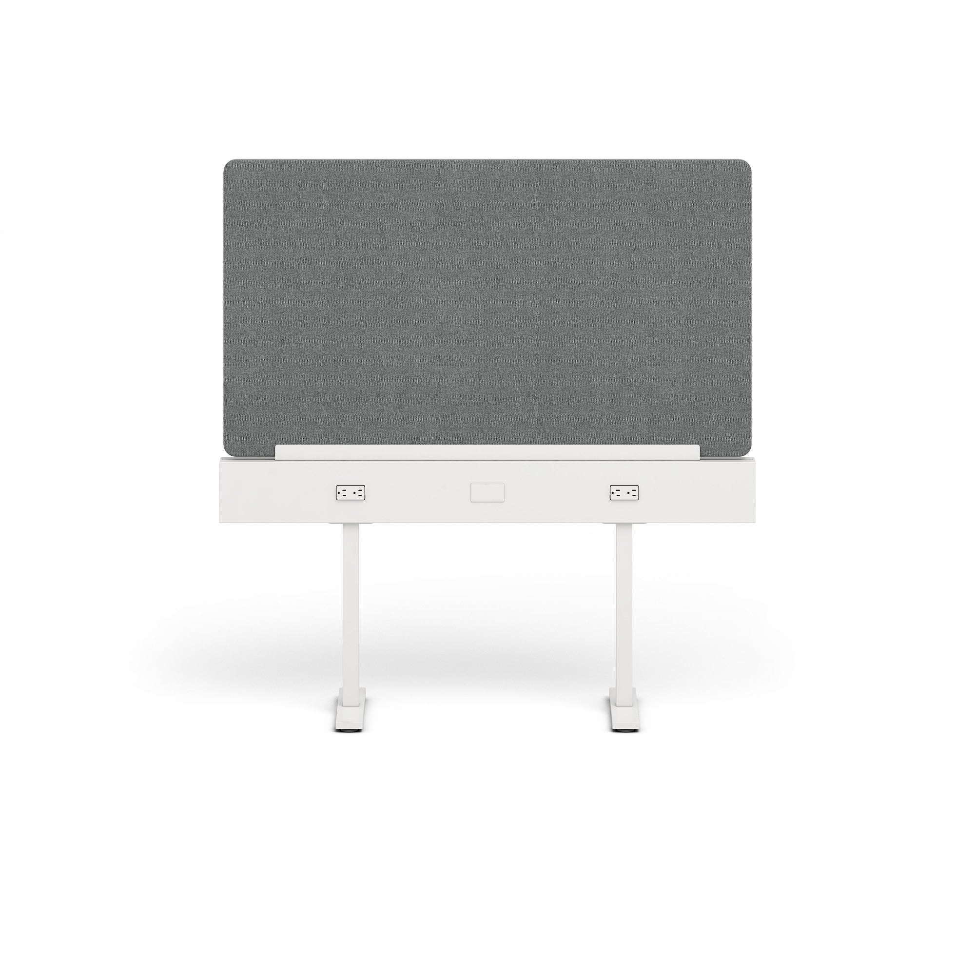Modern gray acoustic desk divider on a white minimalist desk with white background. (Dark Gray-50")