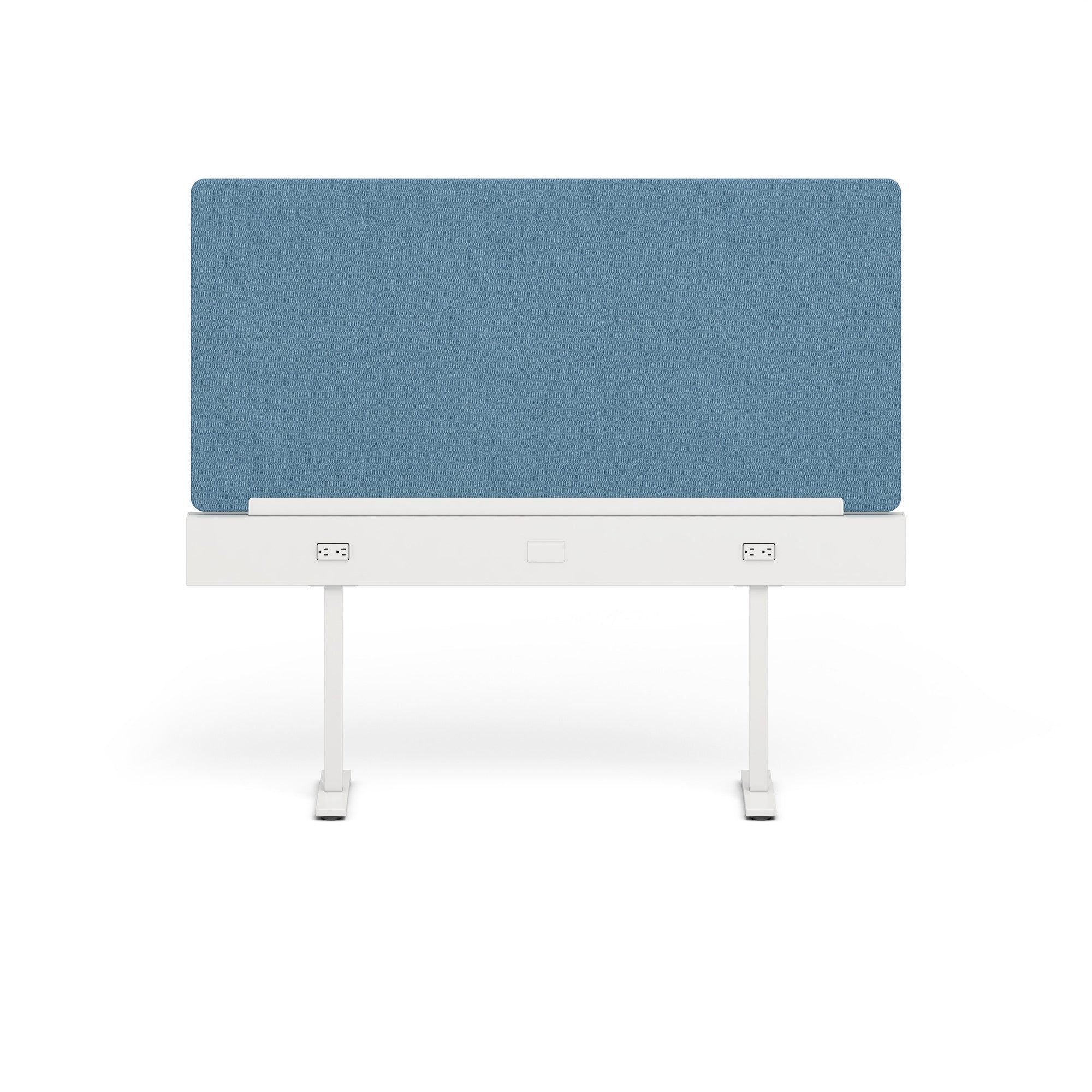 Modern blue fabric office privacy panel on white desk legs against a white background. (Slate Blue-60&quot;)