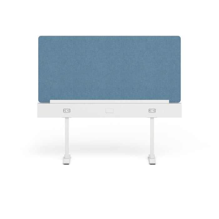Modern blue fabric office privacy panel on white desk legs against a white background. (Slate Blue-60&quot;)