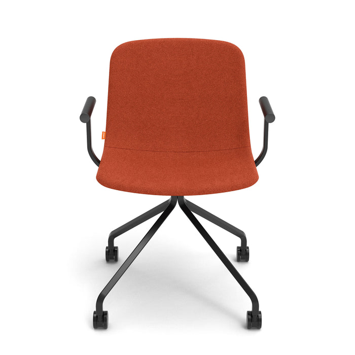 Modern orange office chair with black armrests and a five-star base. (Brick)
