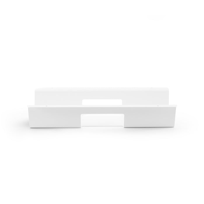 Minimalist white monitor stand on a plain background. (White)