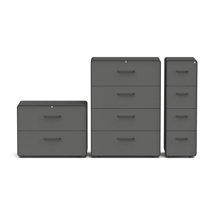 Three sizes of gray filing cabinets on a white background. (Charcoal)