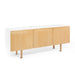 Modern wooden sideboard cabinet with white accents on a white background. (Natural Ash)