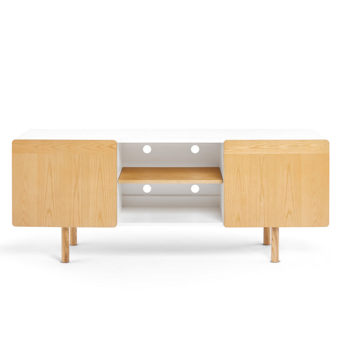 Modern wooden TV stand with white drawers and shelves isolated on a white background. (Natural Ash)