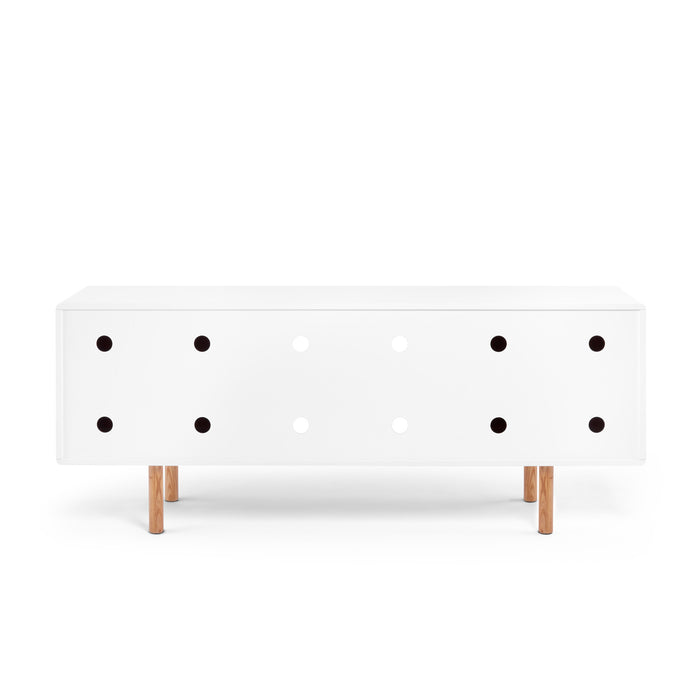 White modern TV stand with wooden legs isolated on white background (Natural Ash)