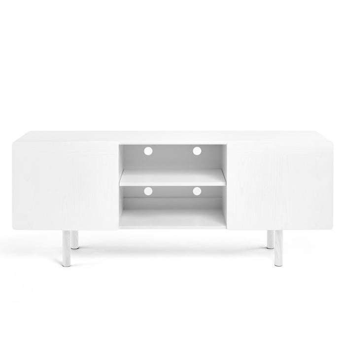 White modern TV stand with open shelves and metal legs on white background. (White)