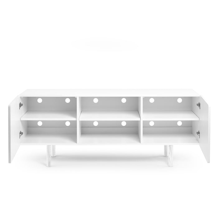 White modern TV stand with open shelves and cable management holes on white background. (White)