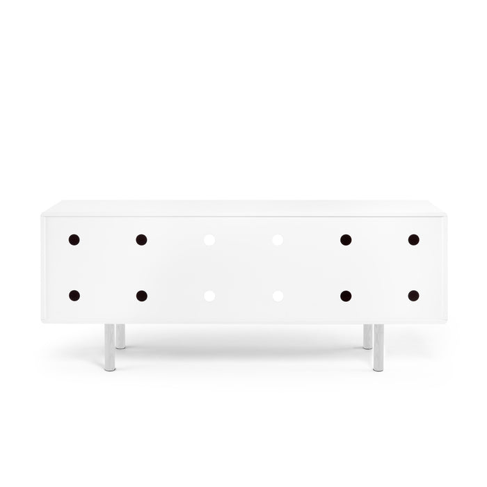 White modern TV stand with black handles on a white background. (White)