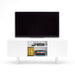 Flat-screen TV on a modern white TV stand with shelves and storage against a white background. (White)