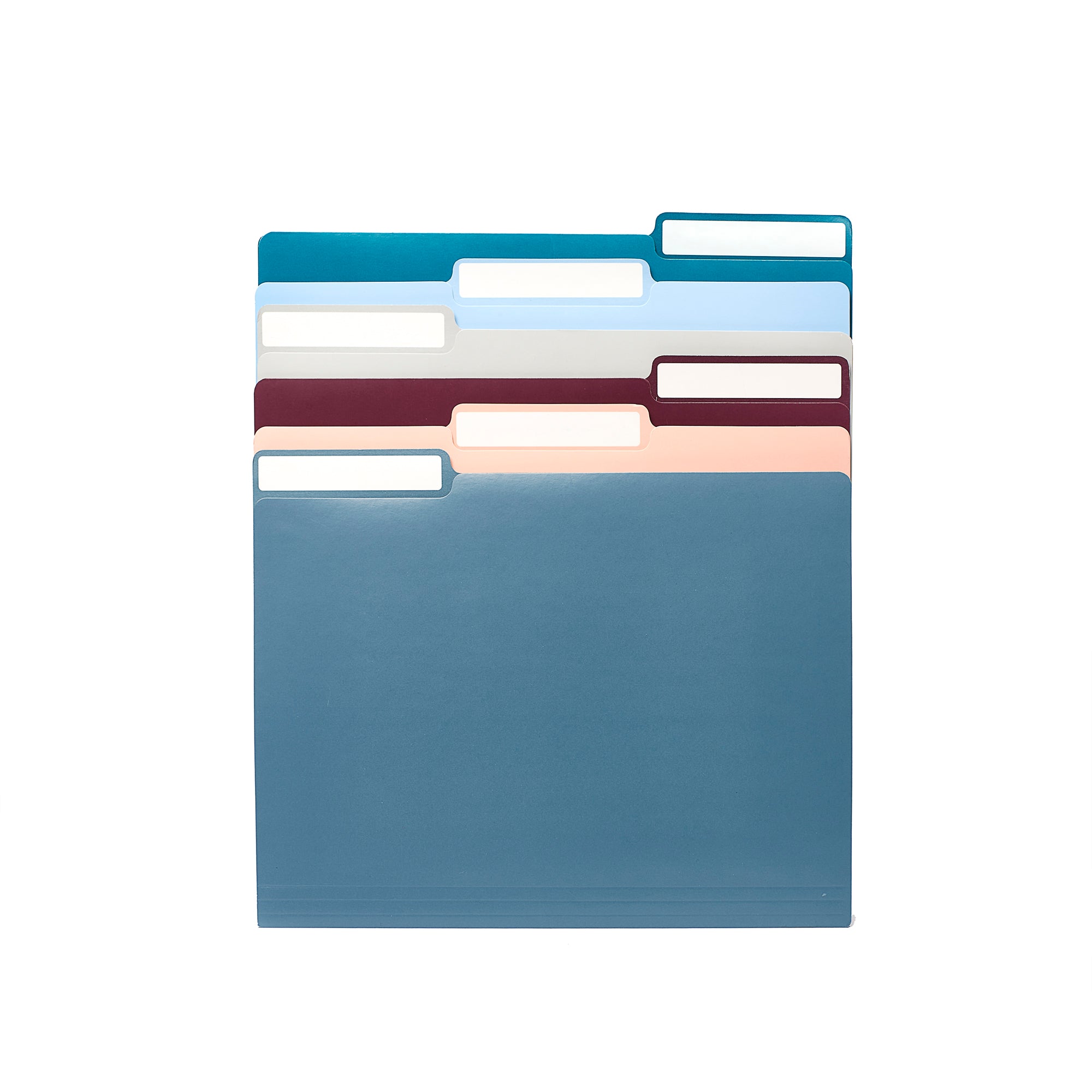 Colorful file folders spread out on a white background. (Contemp. Assorted)