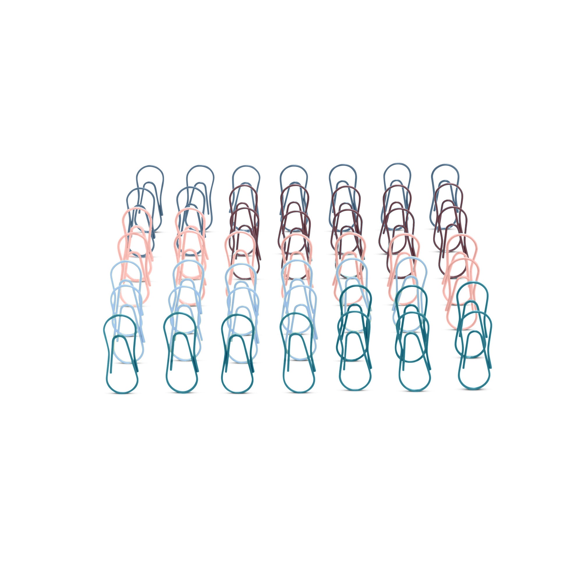 Colorful paper clips arranged in overlapping rows on a white background. (Contemp. Assorted)