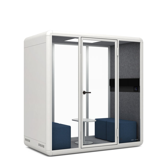 Modern office pod with comfortable seating and glass doors on white background. (Dark Blue)