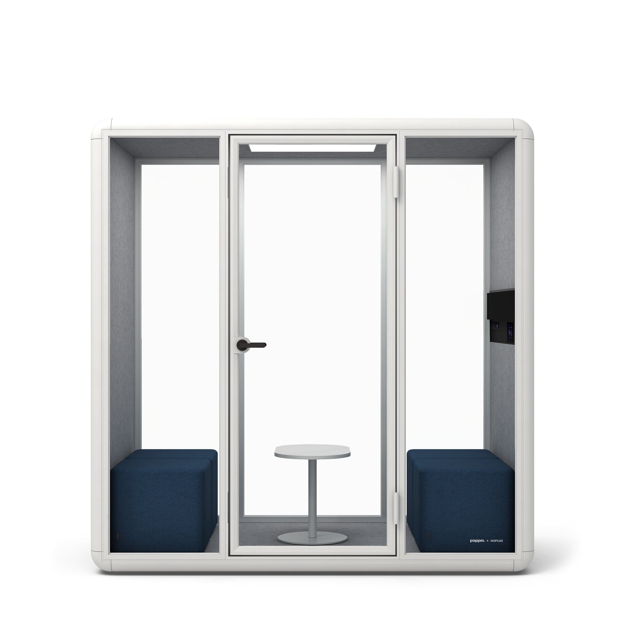 Two blue modern hexagonal chairs with a white round table on a white background. (Dark Blue)