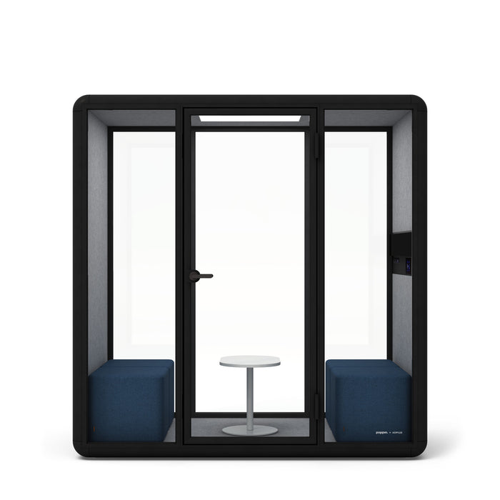 Modern office pod with black frame, glass doors, and blue chairs. (Dark Blue)