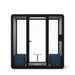 Modern office pod with black frame, glass doors, and blue chairs. (Dark Blue)