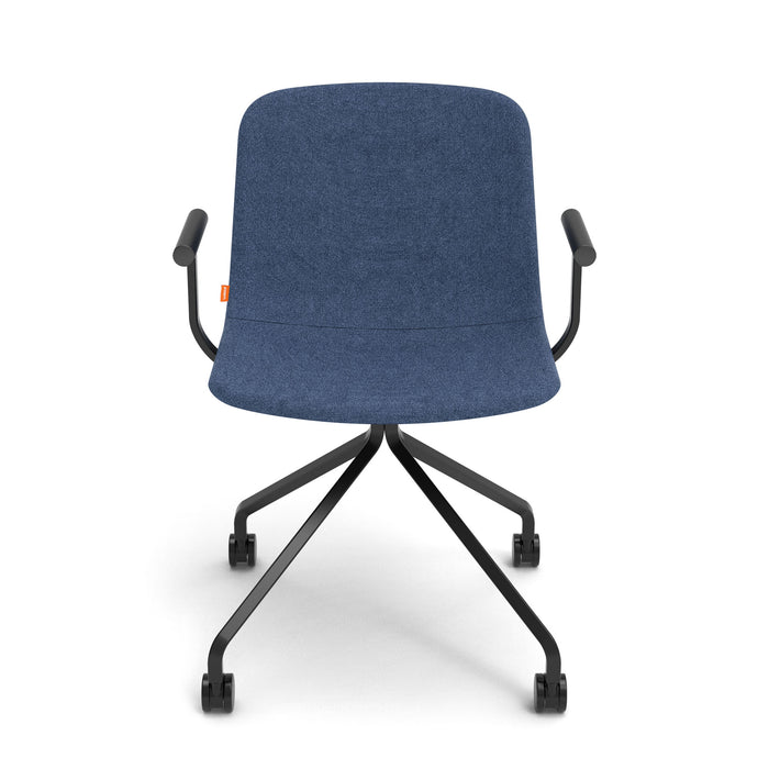 Ergonomic blue office chair with black armrests and wheeled base on (Dark Blue)