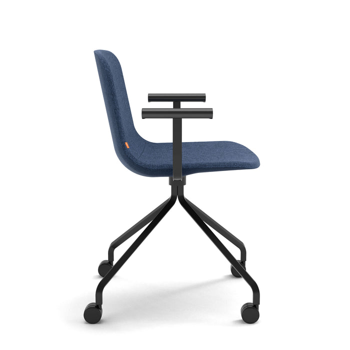 Modern blue office chair with black wheels on a white background. (Dark Blue)