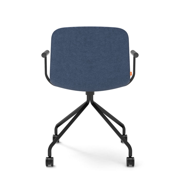 Modern blue office chair with black wheels and metal base on white background. (Dark Blue)