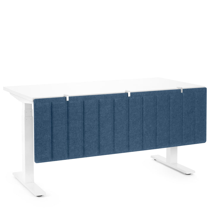Modern white standing desk with blue privacy panel on a white background. (Dark Blue-57&quot;)