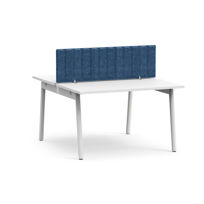 Modern white office desk with blue privacy panel on a white background. (Dark Blue-57&quot;)