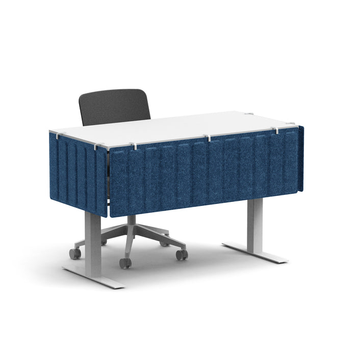 Modern office desk with blue privacy panels and gray chair on white background. (Dark Blue-28&quot;)